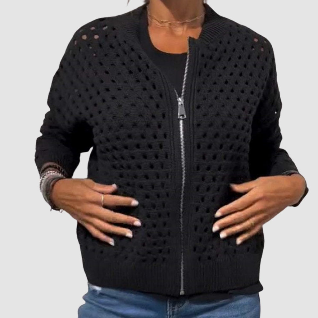 Women's Hollow-Knit Zip-Up Relaxed Cardigan Sweater - Black