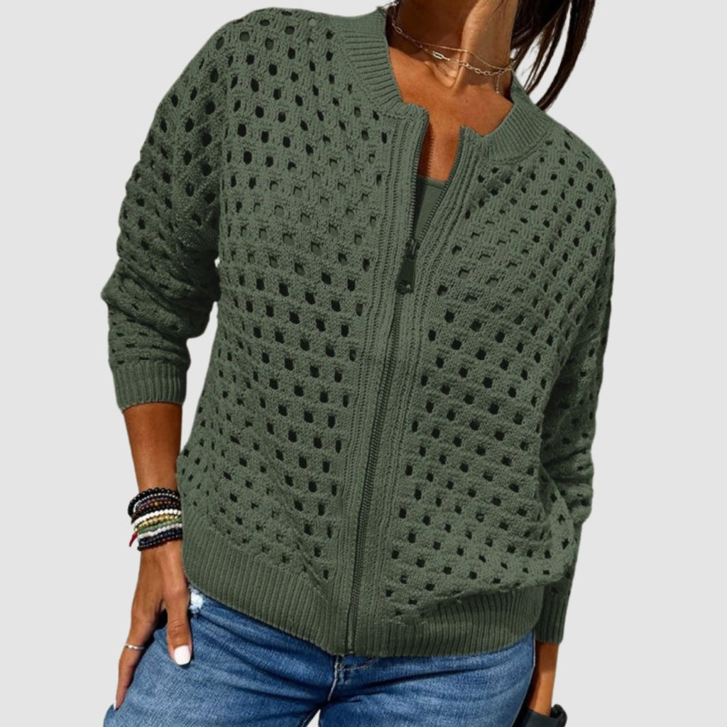 Women's Hollow-Knit Zip-Up Relaxed Cardigan Sweater - Green