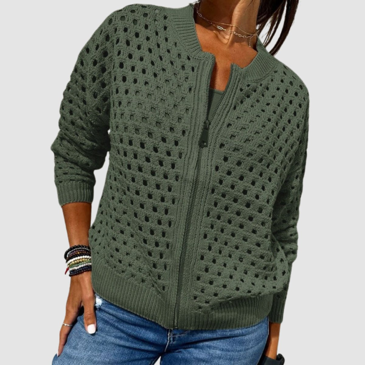 Women's Hollow-Knit Zip-Up Relaxed Cardigan Sweater - Green
