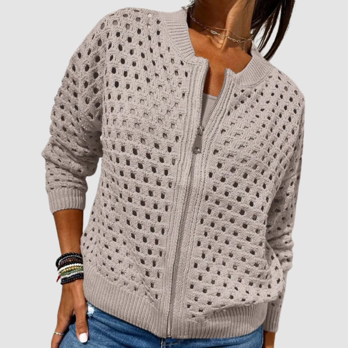 Women's Hollow-Knit Zip-Up Relaxed Cardigan Sweater - Khaki