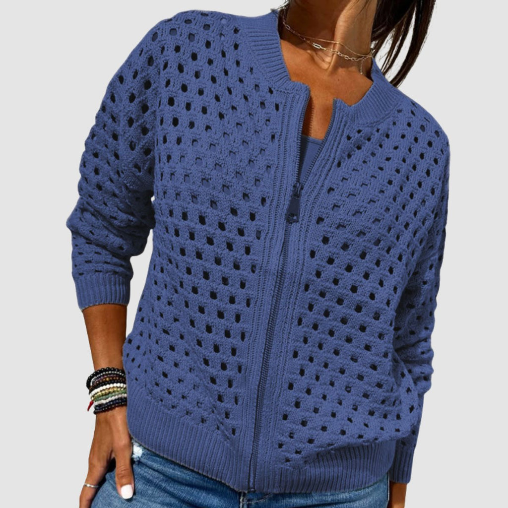 Women's Hollow-Knit Zip-Up Relaxed Cardigan Sweater - Blue