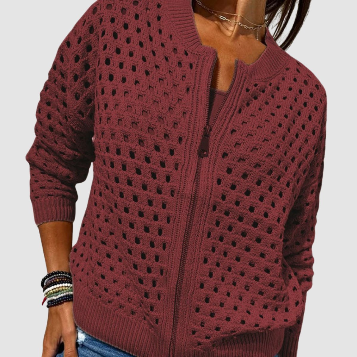 Women's Hollow-Knit Zip-Up Relaxed Cardigan Sweater - Burgundy
