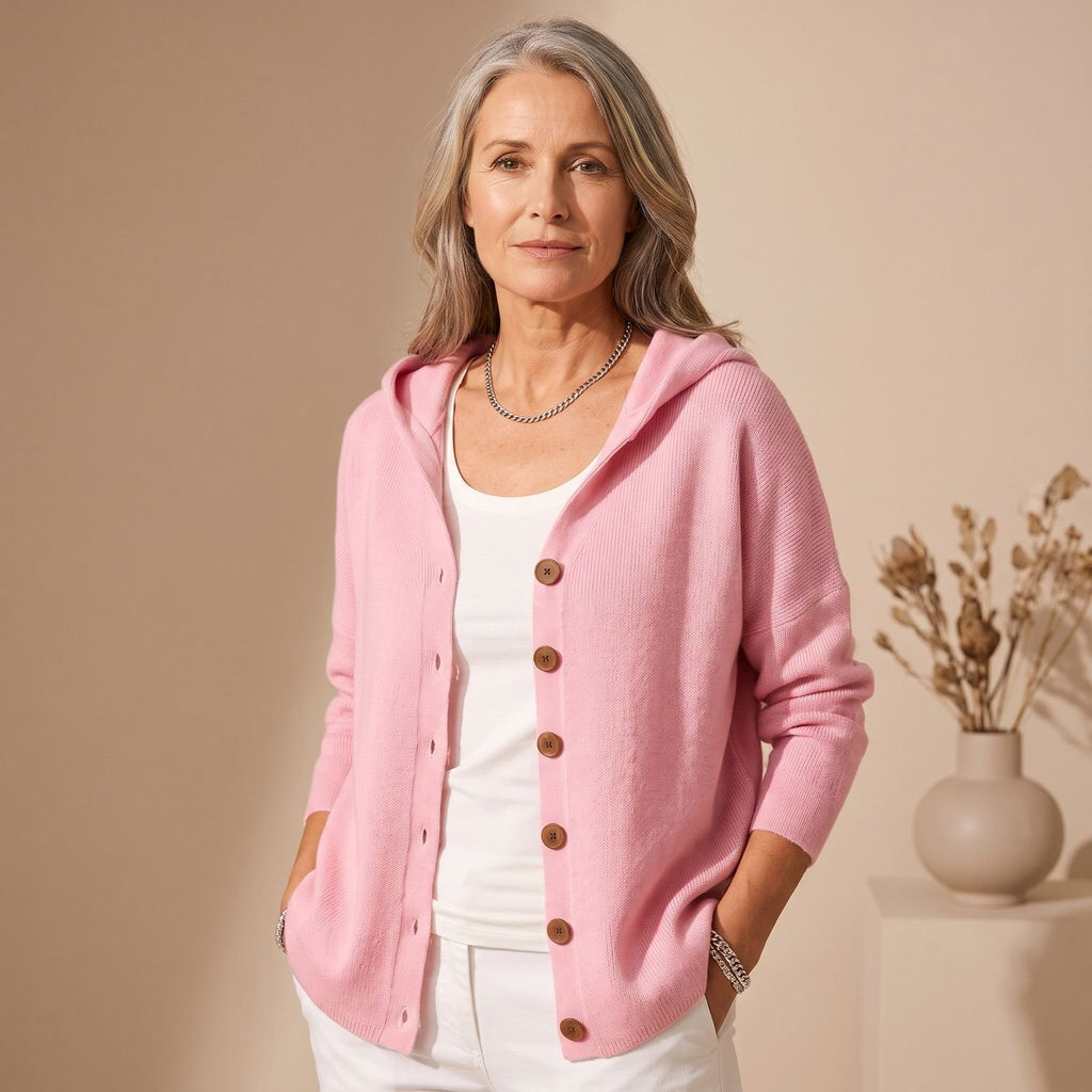Women's Hooded Button-Front Knit Cardigan - Pink