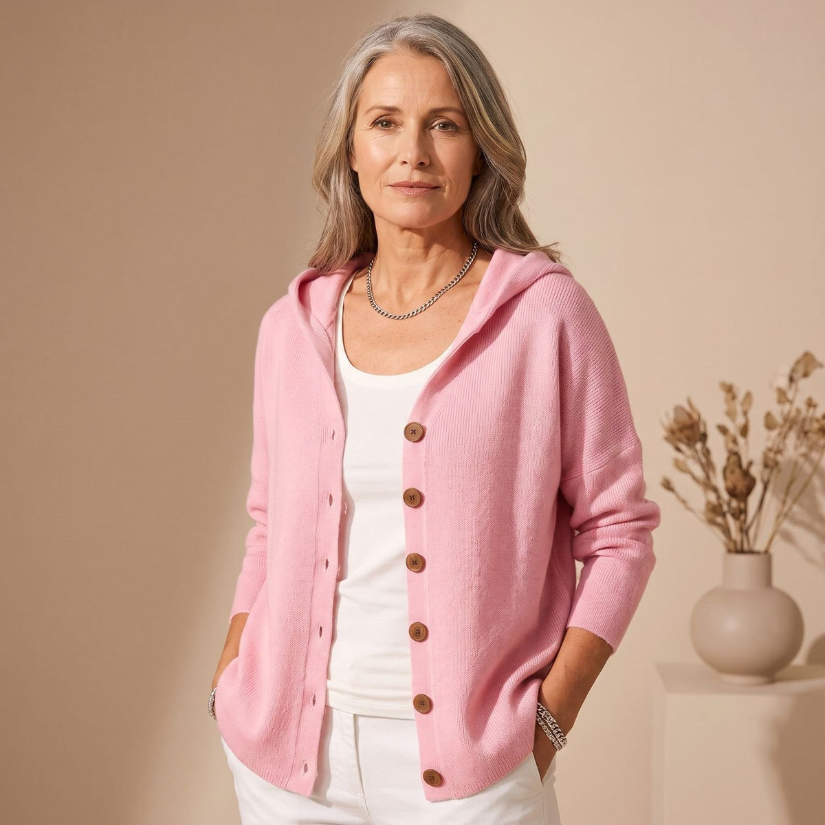 Women's Hooded Button-Front Knit Cardigan - Pink