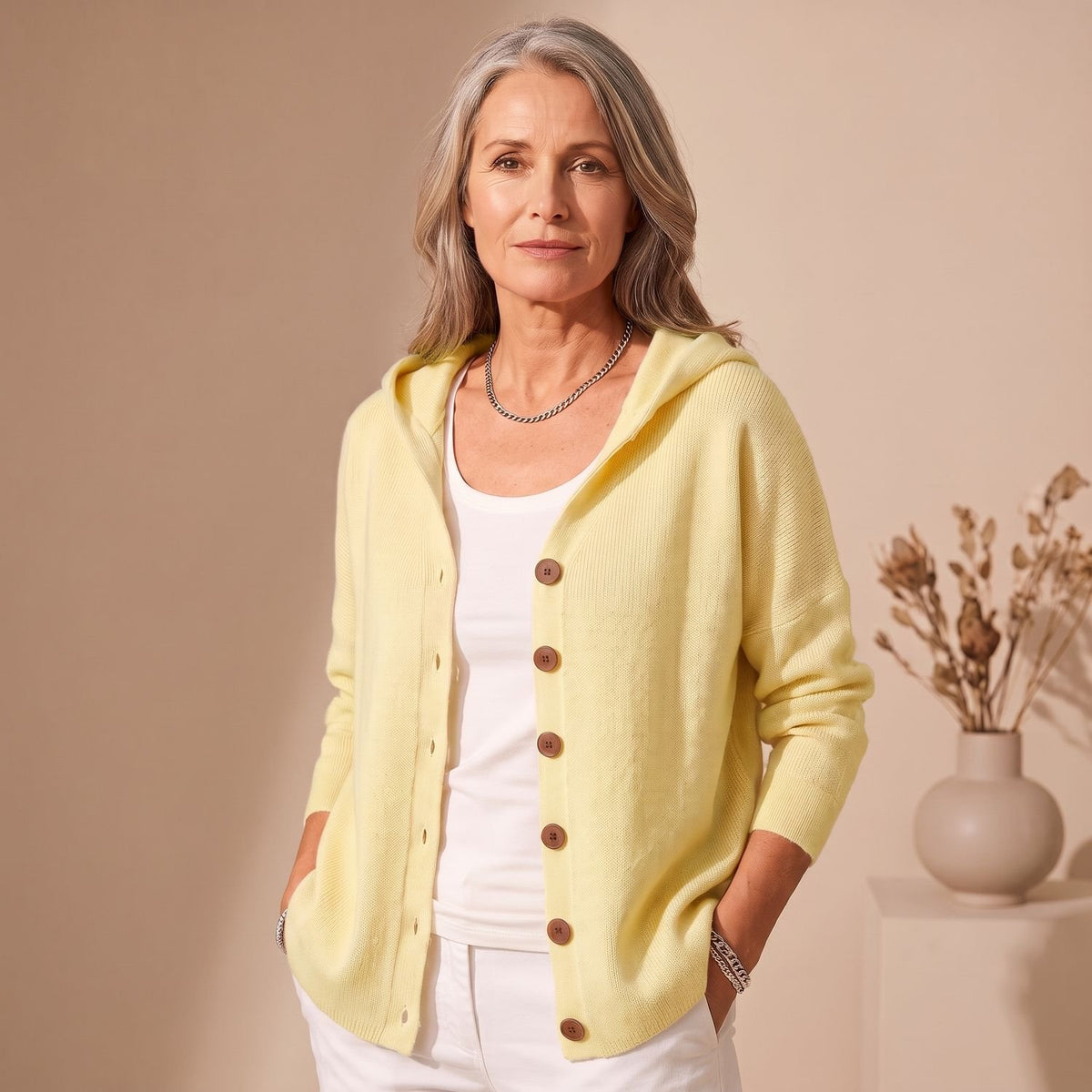 Women's Hooded Button-Front Knit Cardigan - Yellow