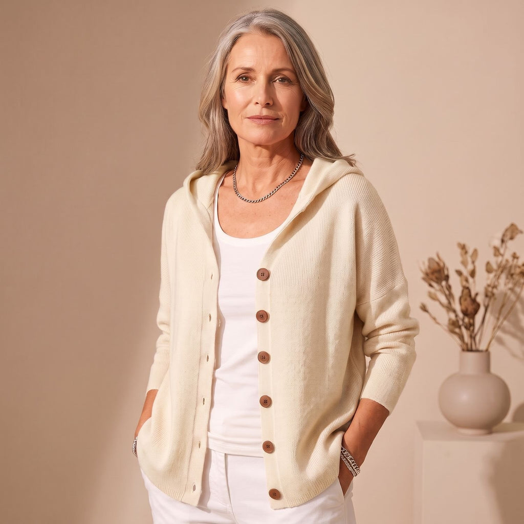 Women's Hooded Button-Front Knit Cardigan - Beige
