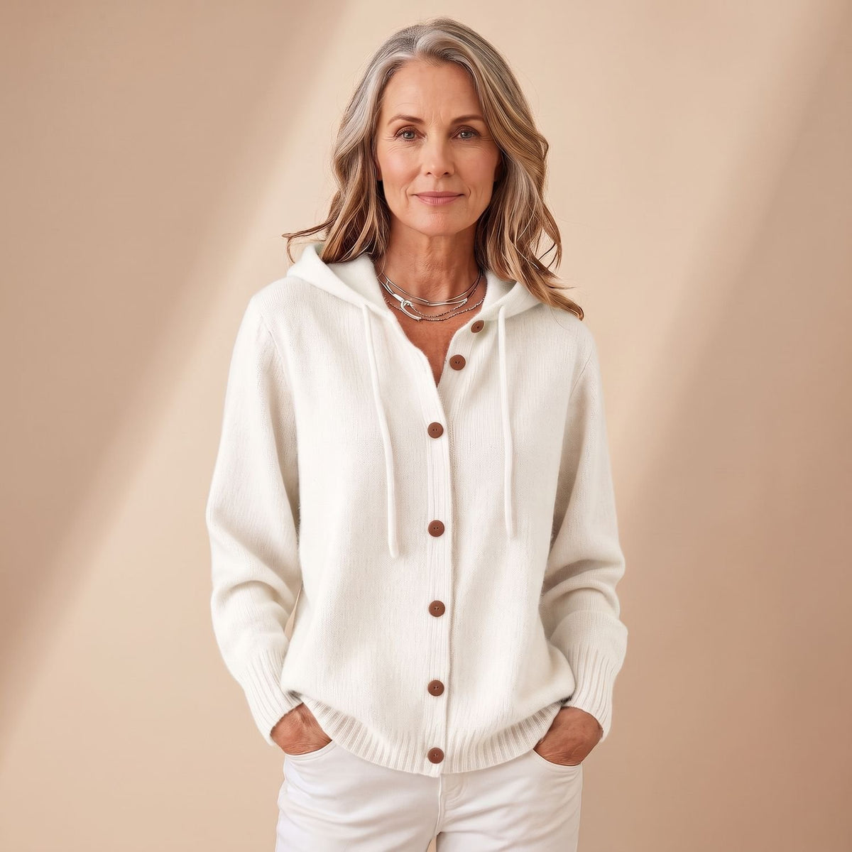 Women's Hooded Button-Front Knit Cardigan Sweater - White