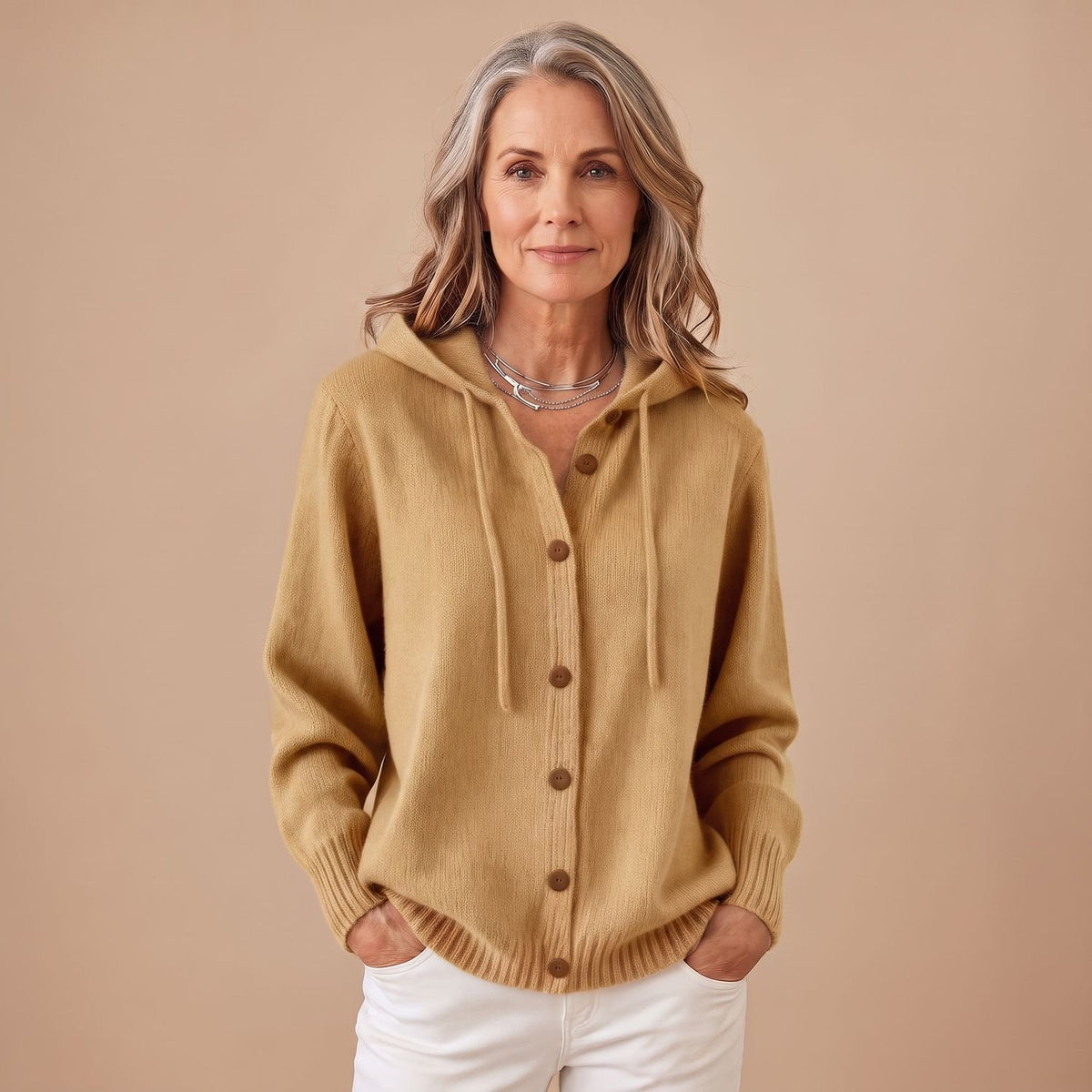 Women's Hooded Button-Front Knit Cardigan Sweater - Khaki