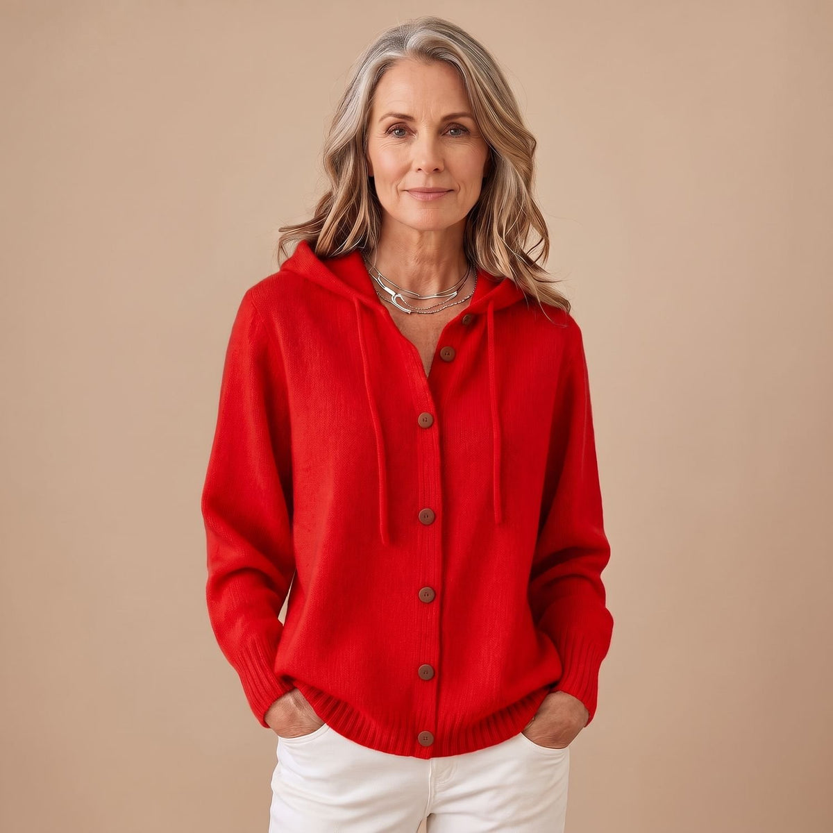Women's Hooded Button-Front Knit Cardigan Sweater - Red