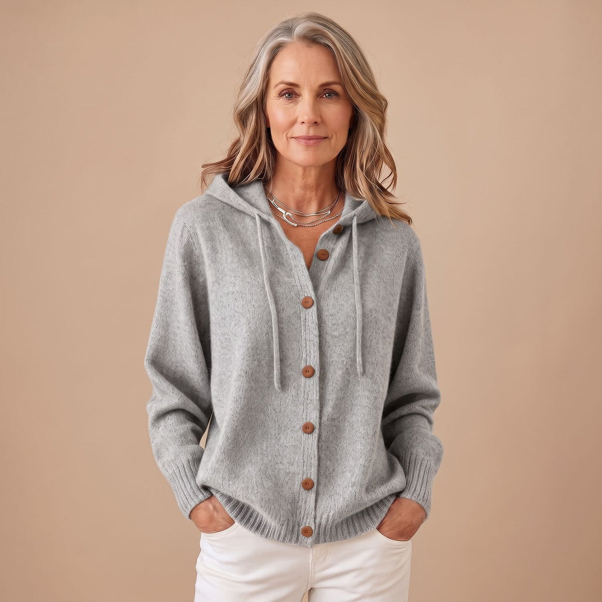 Women's Hooded Button-Front Knit Cardigan Sweater - Gray