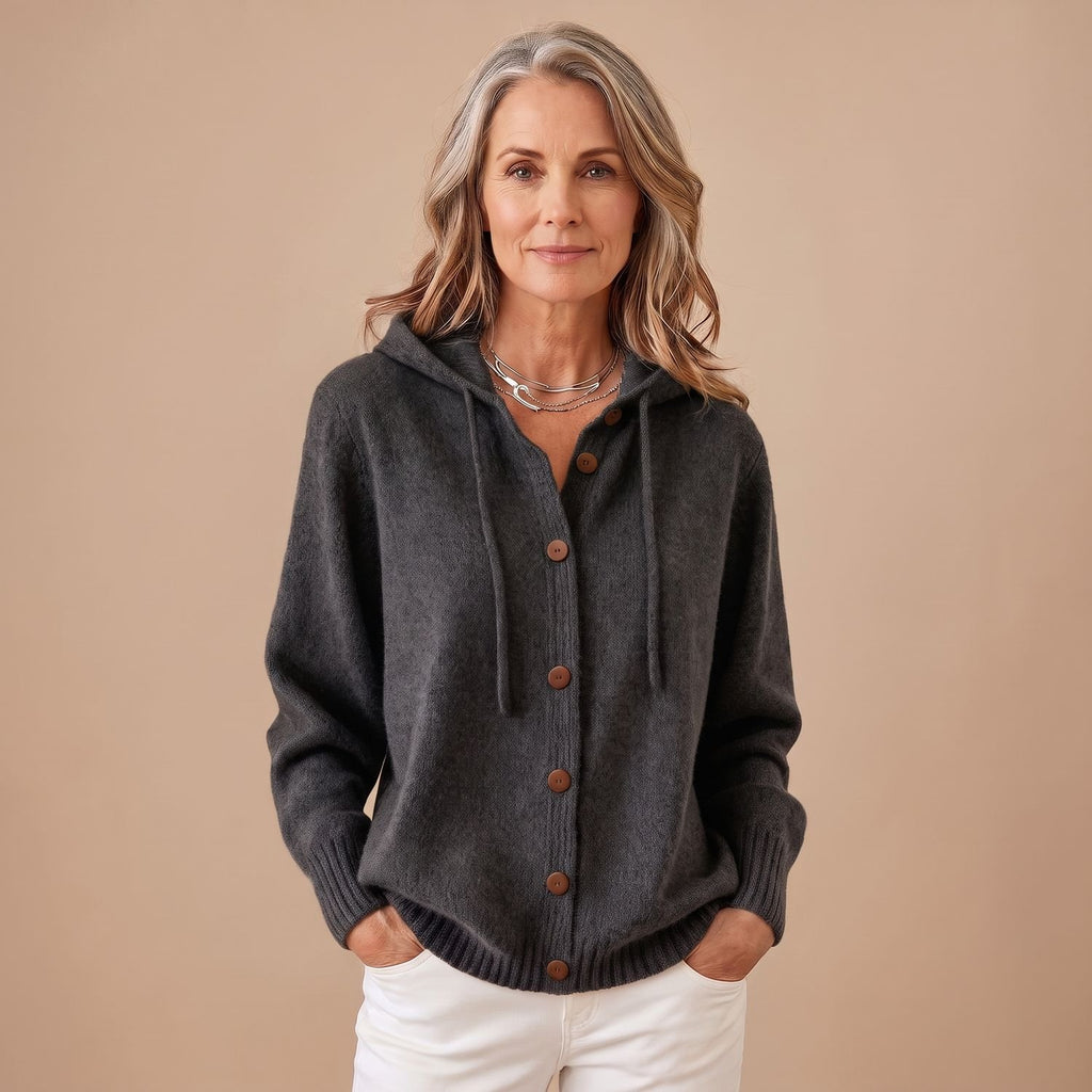 Women's Hooded Button-Front Knit Cardigan Sweater - Black
