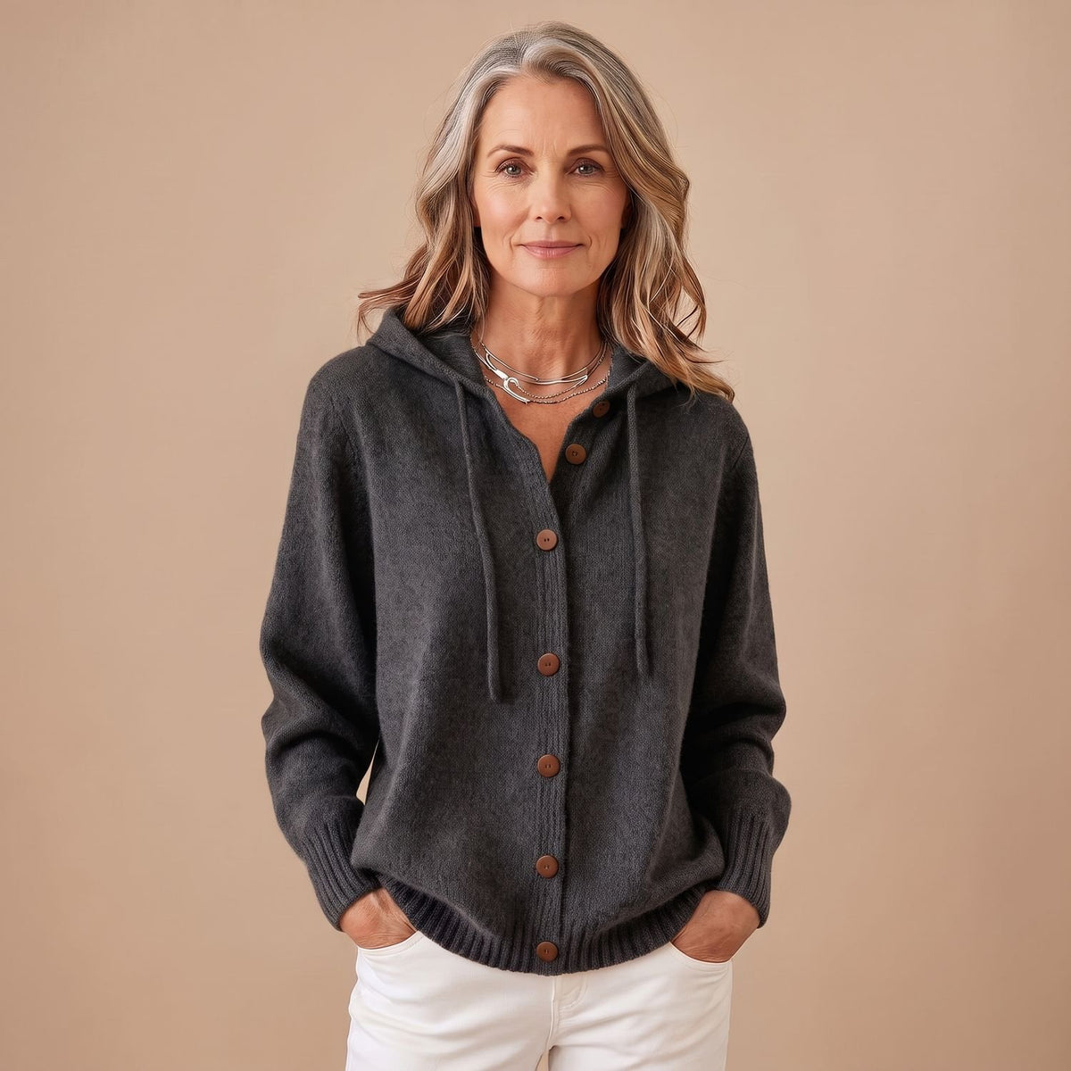 Women's Hooded Button-Front Knit Cardigan Sweater - Black