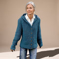 Women's Hooded Cable Knit Cardigan Button-Down Pockets - Navy Blue