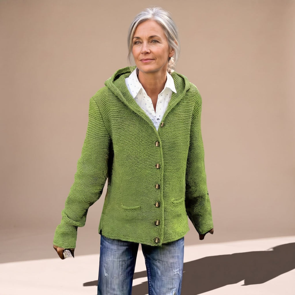 Women's Hooded Cable Knit Cardigan Button-Down Pockets - Green