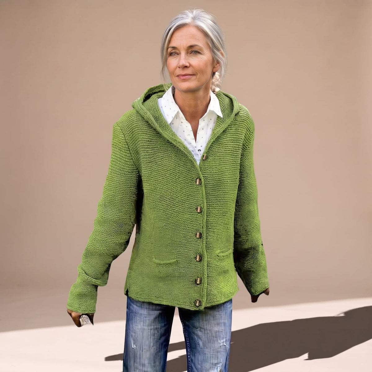 Women's Hooded Cable Knit Cardigan Button-Down Pockets - Green