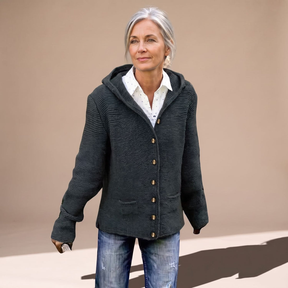 Women's Hooded Cable Knit Cardigan Button-Down Pockets - Black