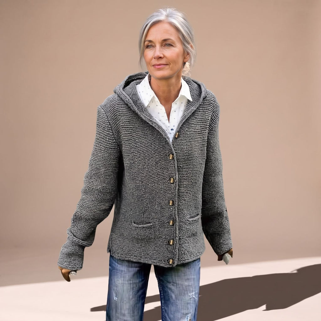 Women's Hooded Cable Knit Cardigan Button-Down Pockets - Gray