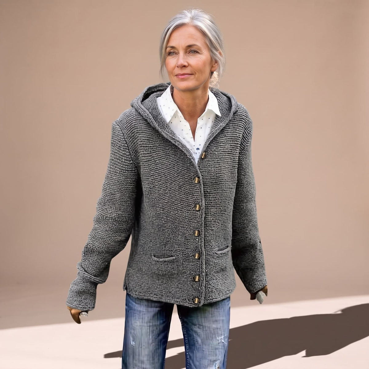 Women's Hooded Cable Knit Cardigan Button-Down Pockets - Gray