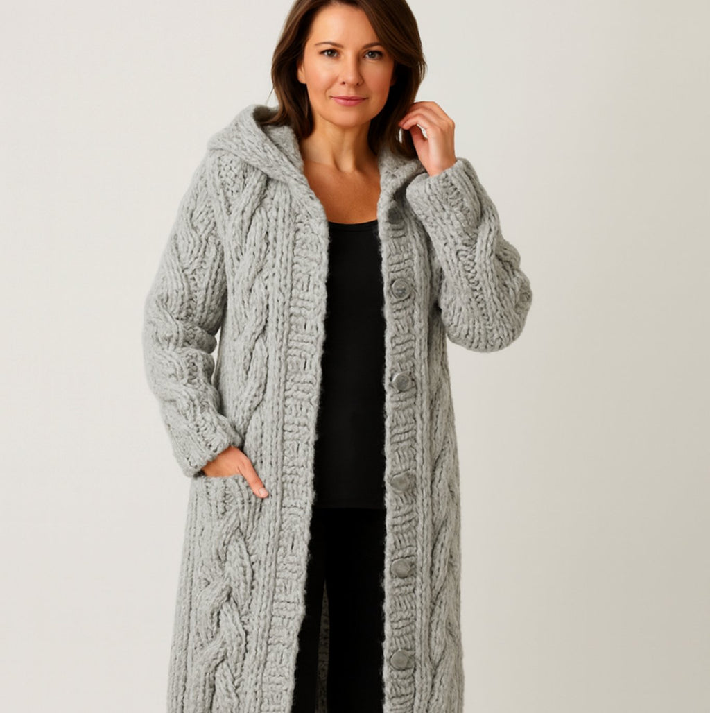 Women's Hooded Cable-Knit Long Button Cardigan - Gray
