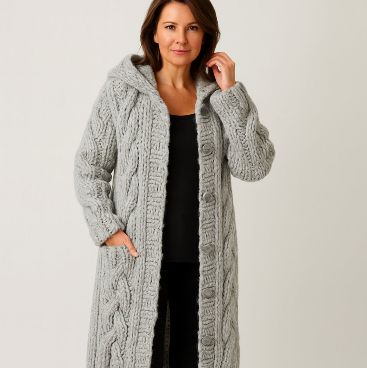 Women's Hooded Cable-Knit Long Button Cardigan - Gray