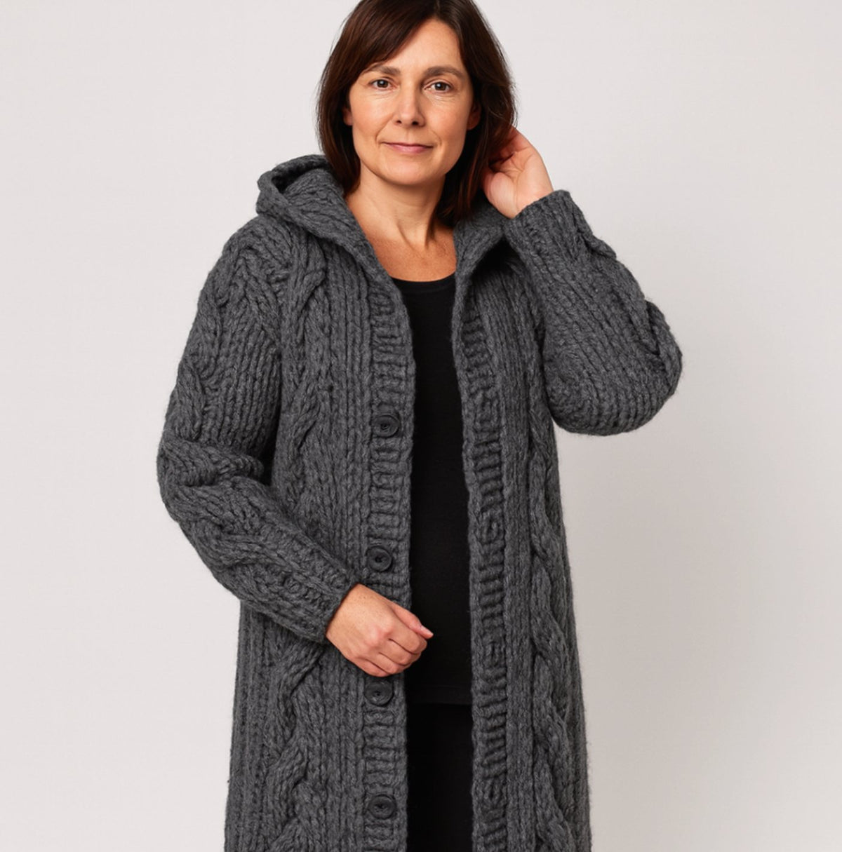 Women's Hooded Cable-Knit Long Button Cardigan - Dark Gray