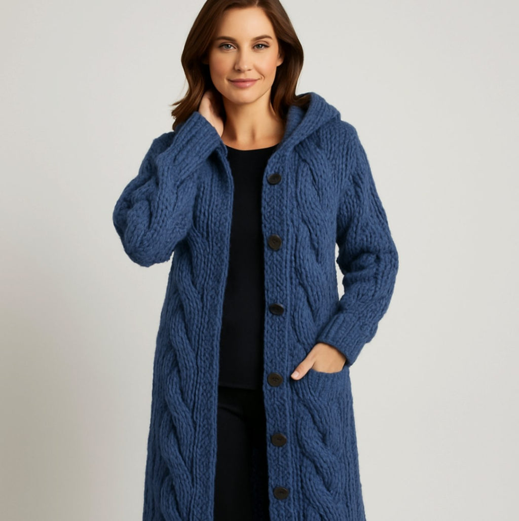 Women's Hooded Cable-Knit Long Button Cardigan - Blue