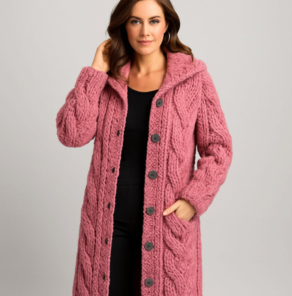 Women's Hooded Cable-Knit Long Button Cardigan - Pink