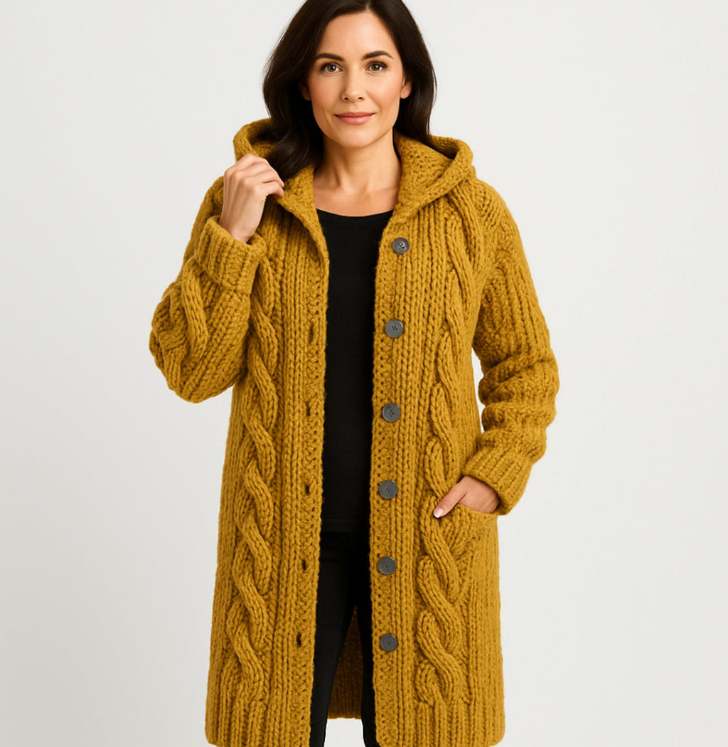 Women's Hooded Cable-Knit Long Button Cardigan - Yellow