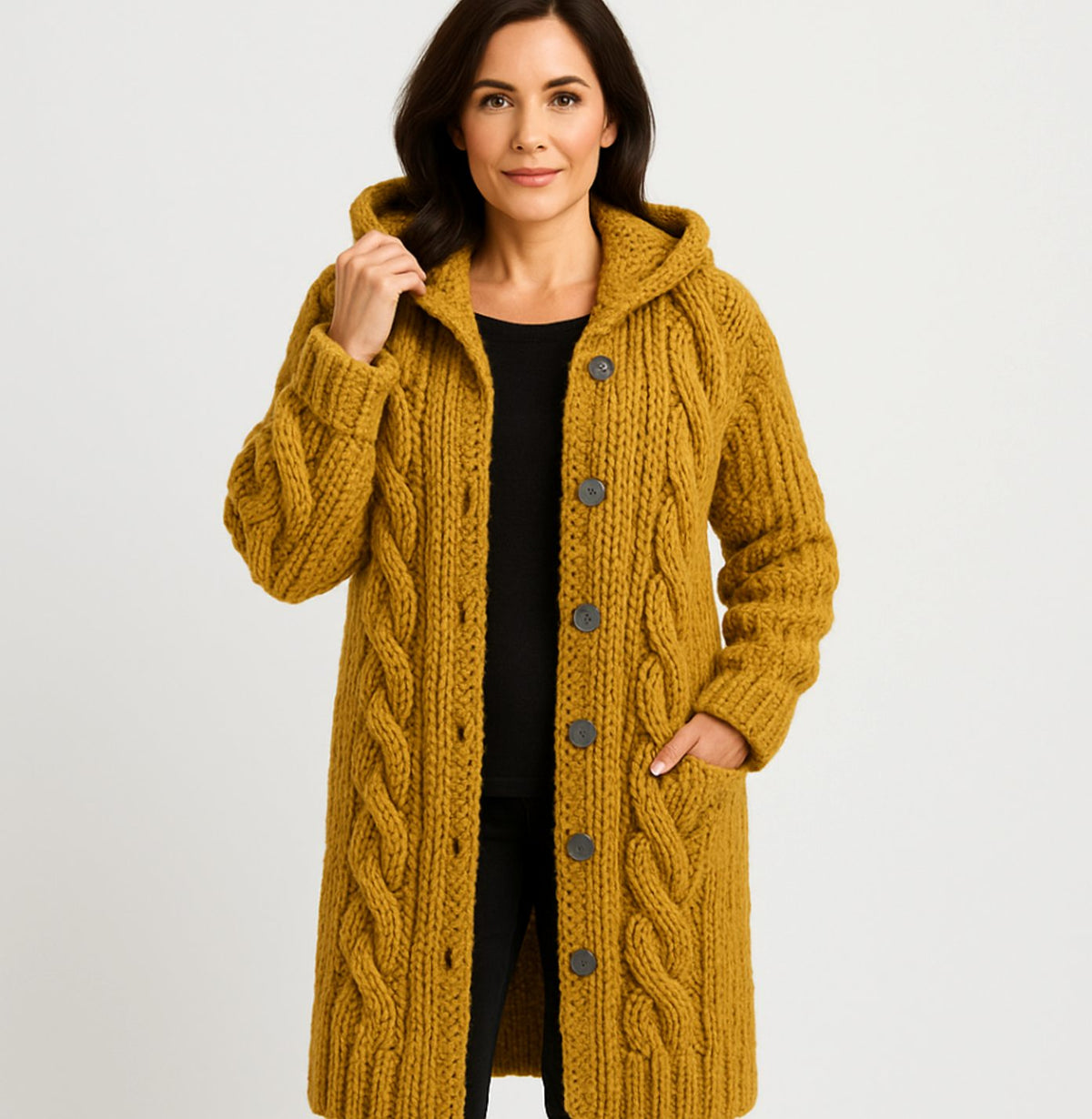 Women's Hooded Cable-Knit Long Button Cardigan - Yellow