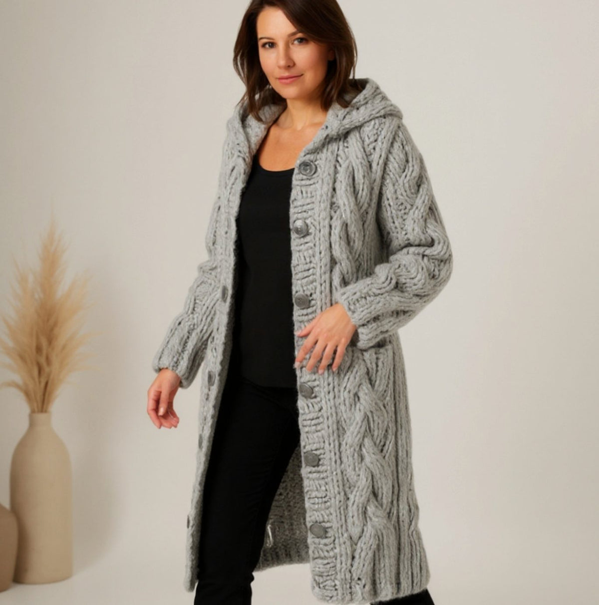 Women's Hooded Cable-Knit Long Button Cardigan