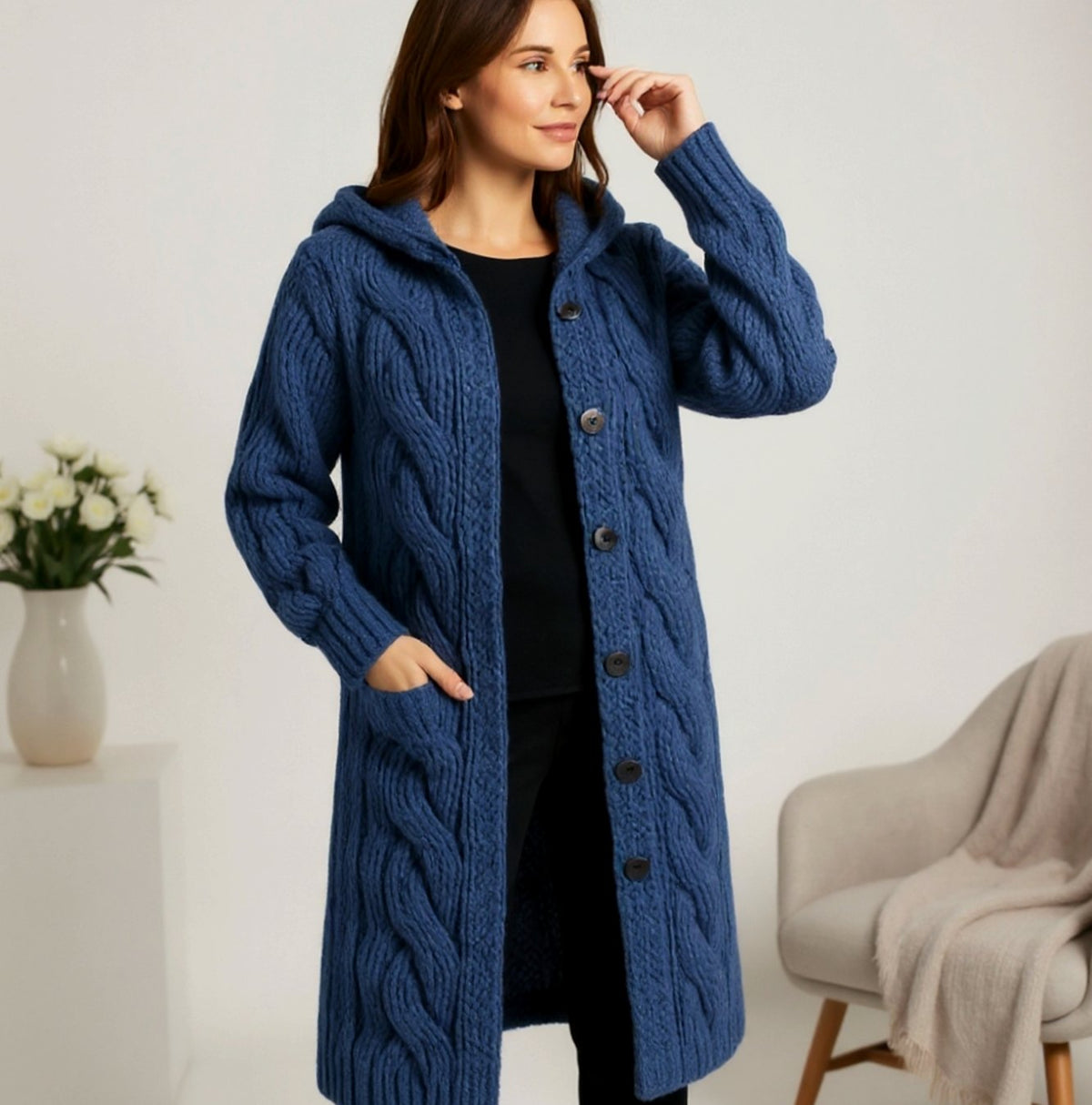 Women's Hooded Cable-Knit Long Button Cardigan