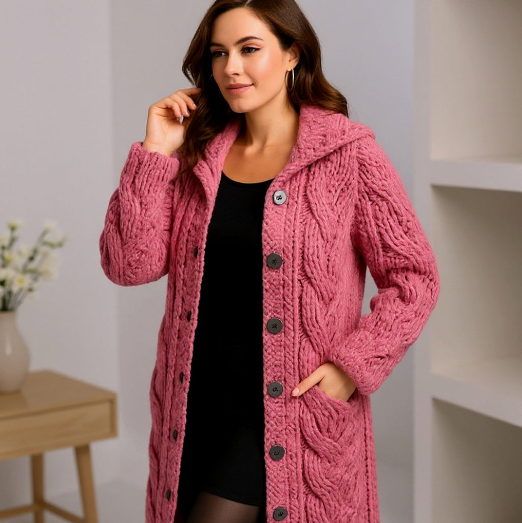 Women's Hooded Cable-Knit Long Button Cardigan