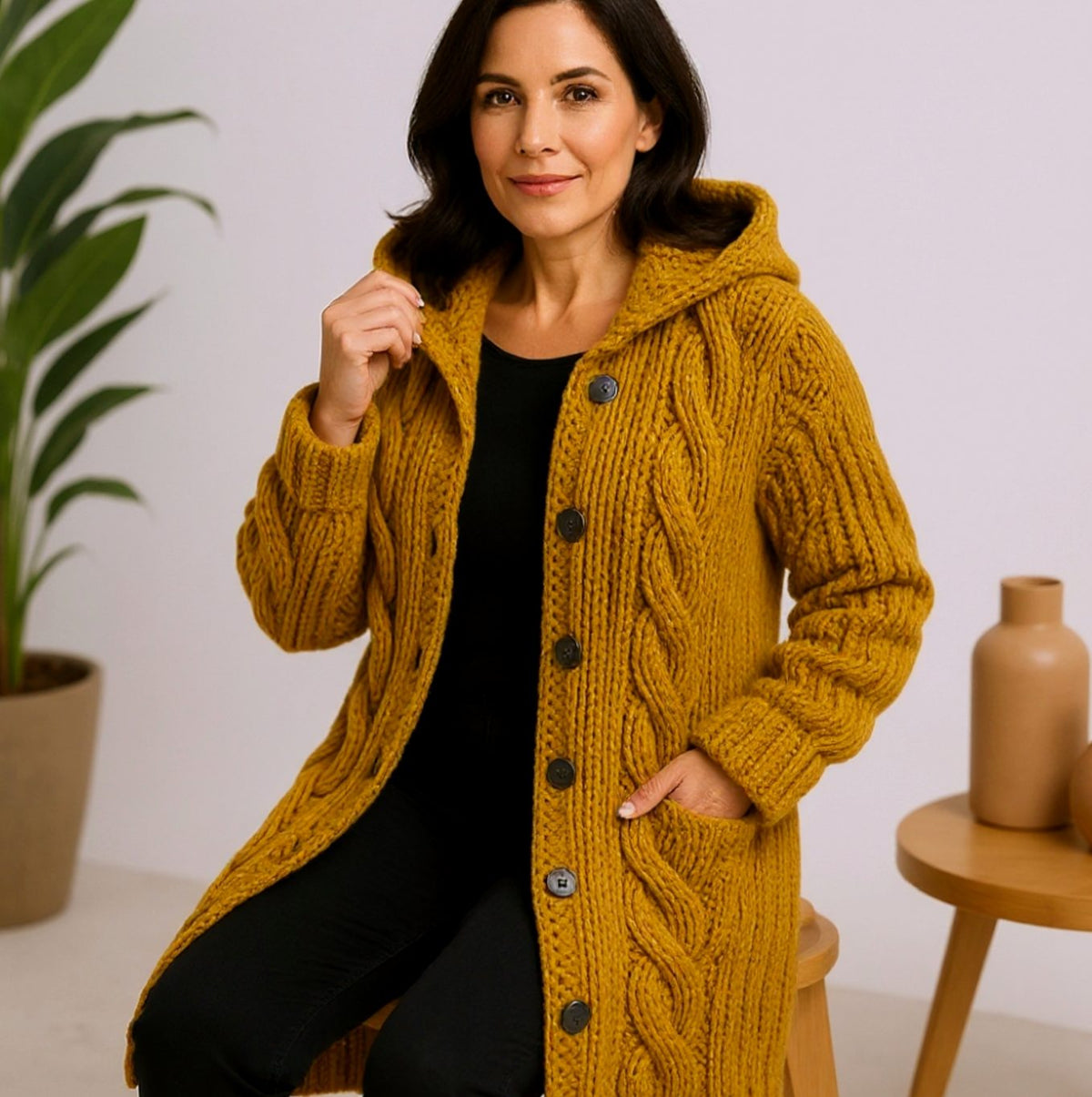 Women's Hooded Cable-Knit Long Button Cardigan