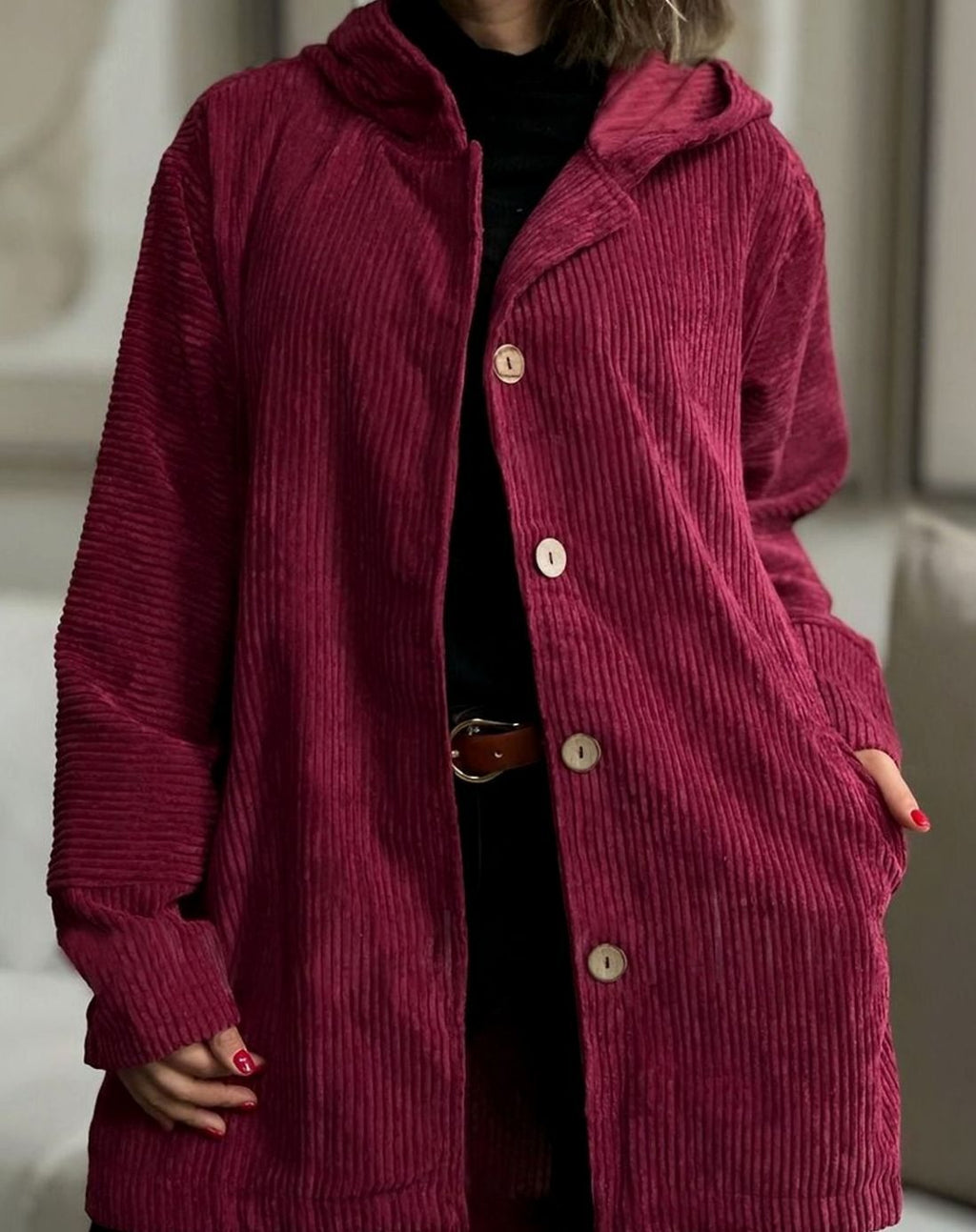 Women's Hooded Corduroy Button-Front Long Cardigan - Red