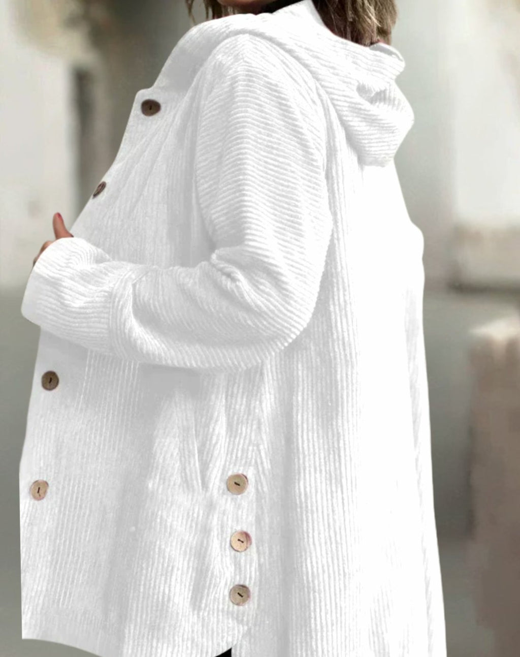 Women's Hooded Corduroy Button-Front Long Cardigan - White