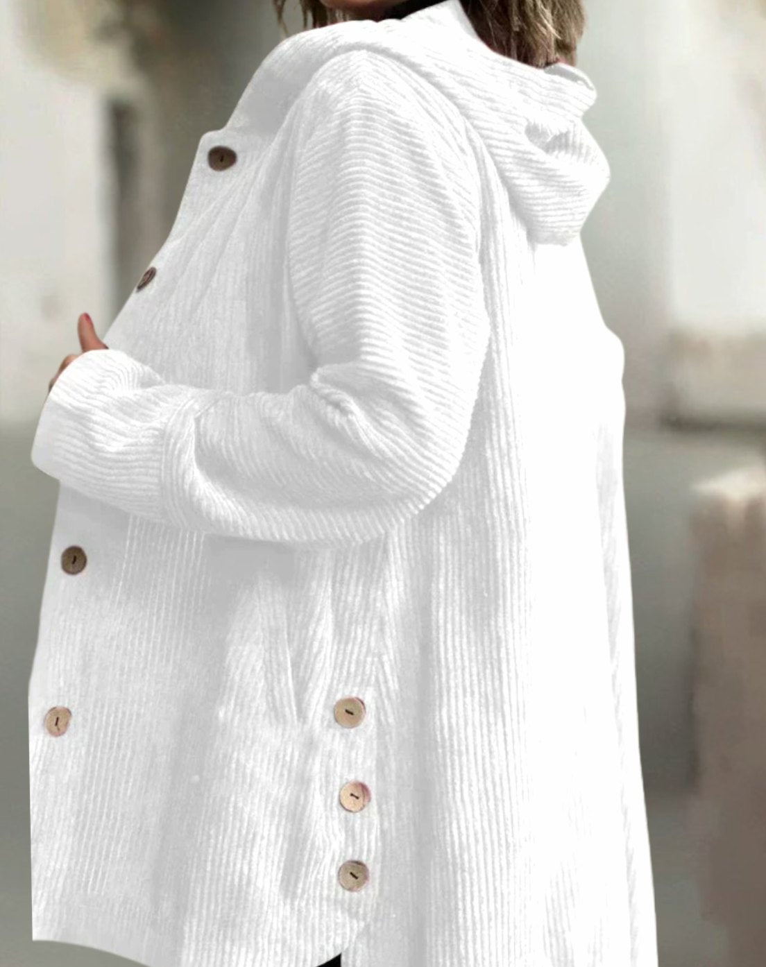 Women's Hooded Corduroy Button-Front Long Cardigan - White
