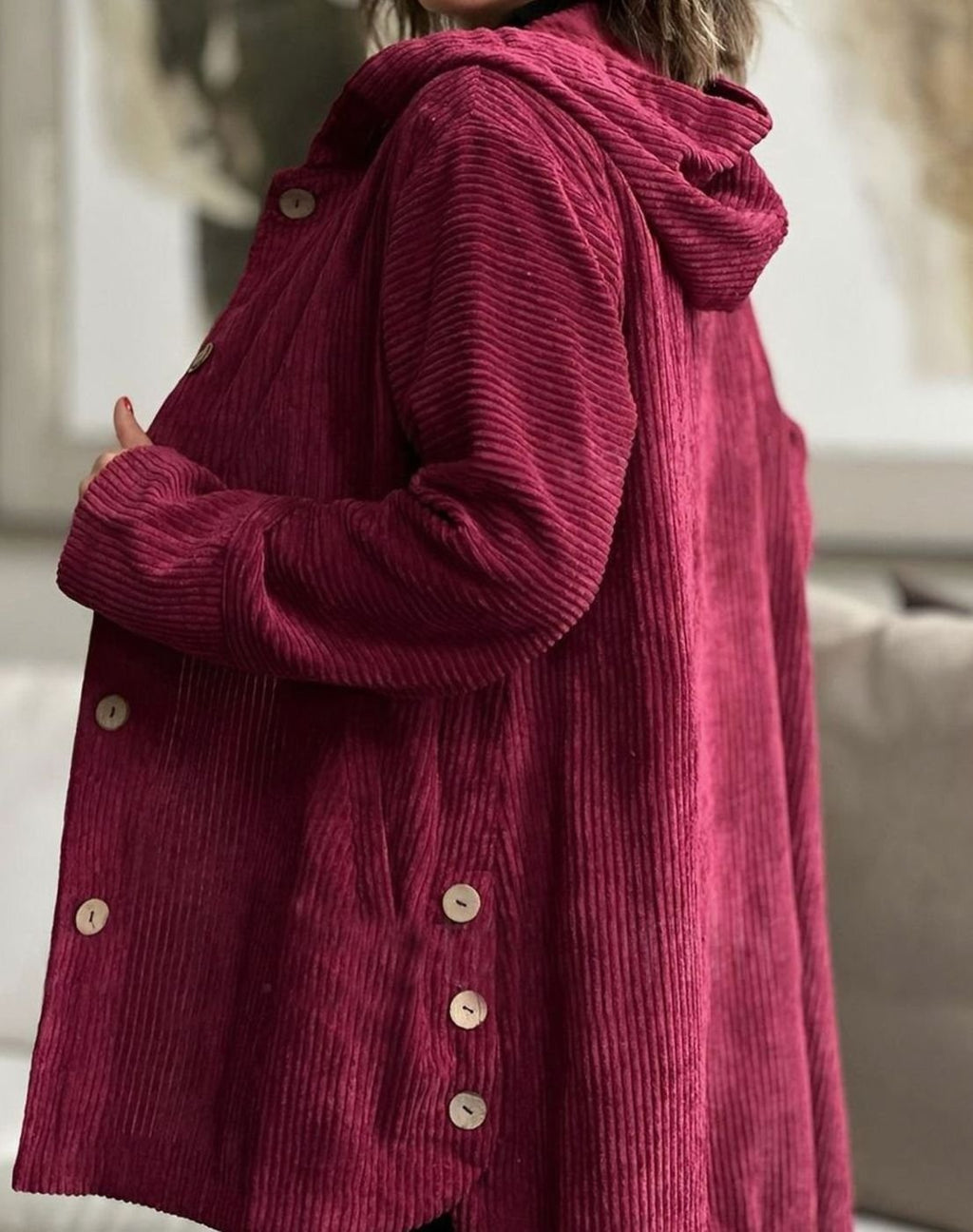 Women's Hooded Corduroy Button-Front Long Cardigan