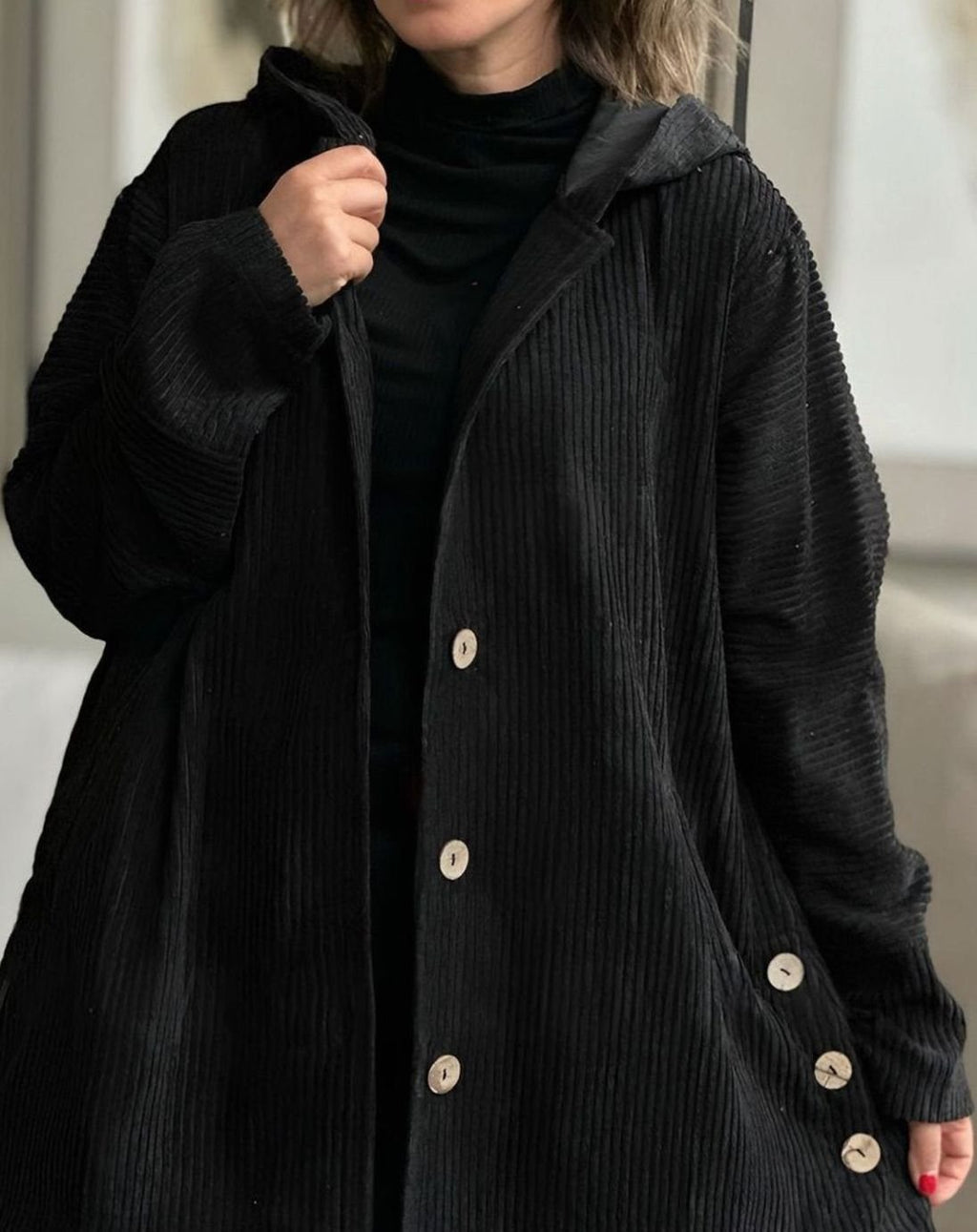 Women's Hooded Corduroy Button-Front Long Cardigan - Black