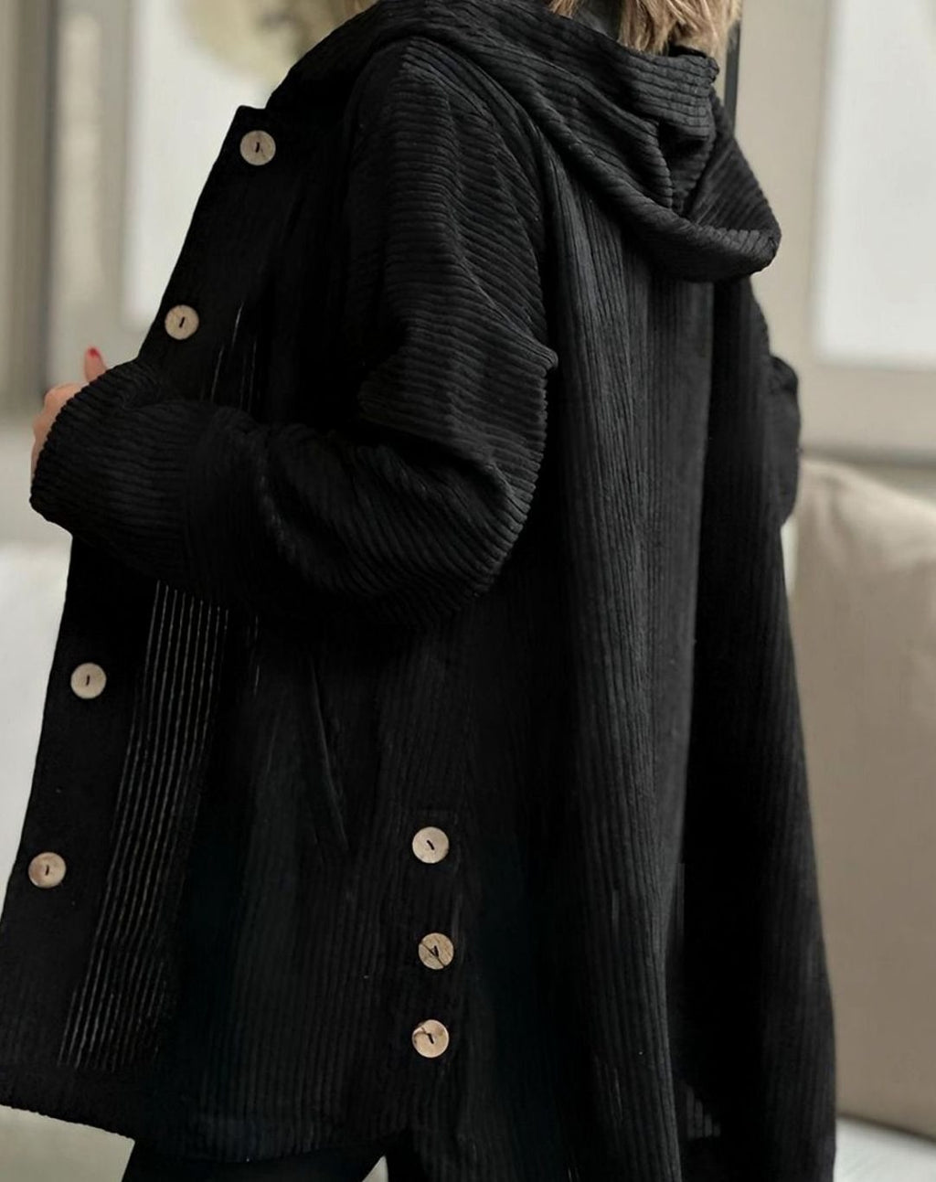Women's Hooded Corduroy Button-Front Long Cardigan