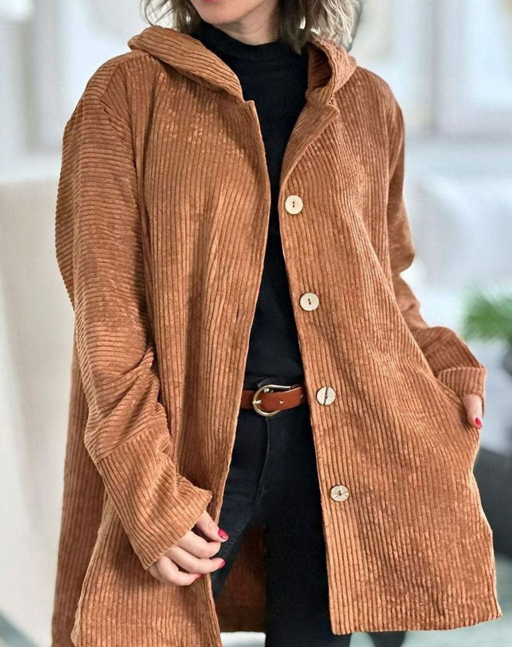 Women's Hooded Corduroy Button-Front Long Cardigan - Khaki