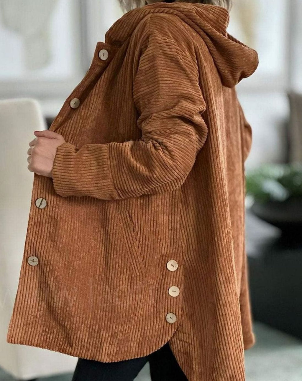 Women's Hooded Corduroy Button-Front Long Cardigan