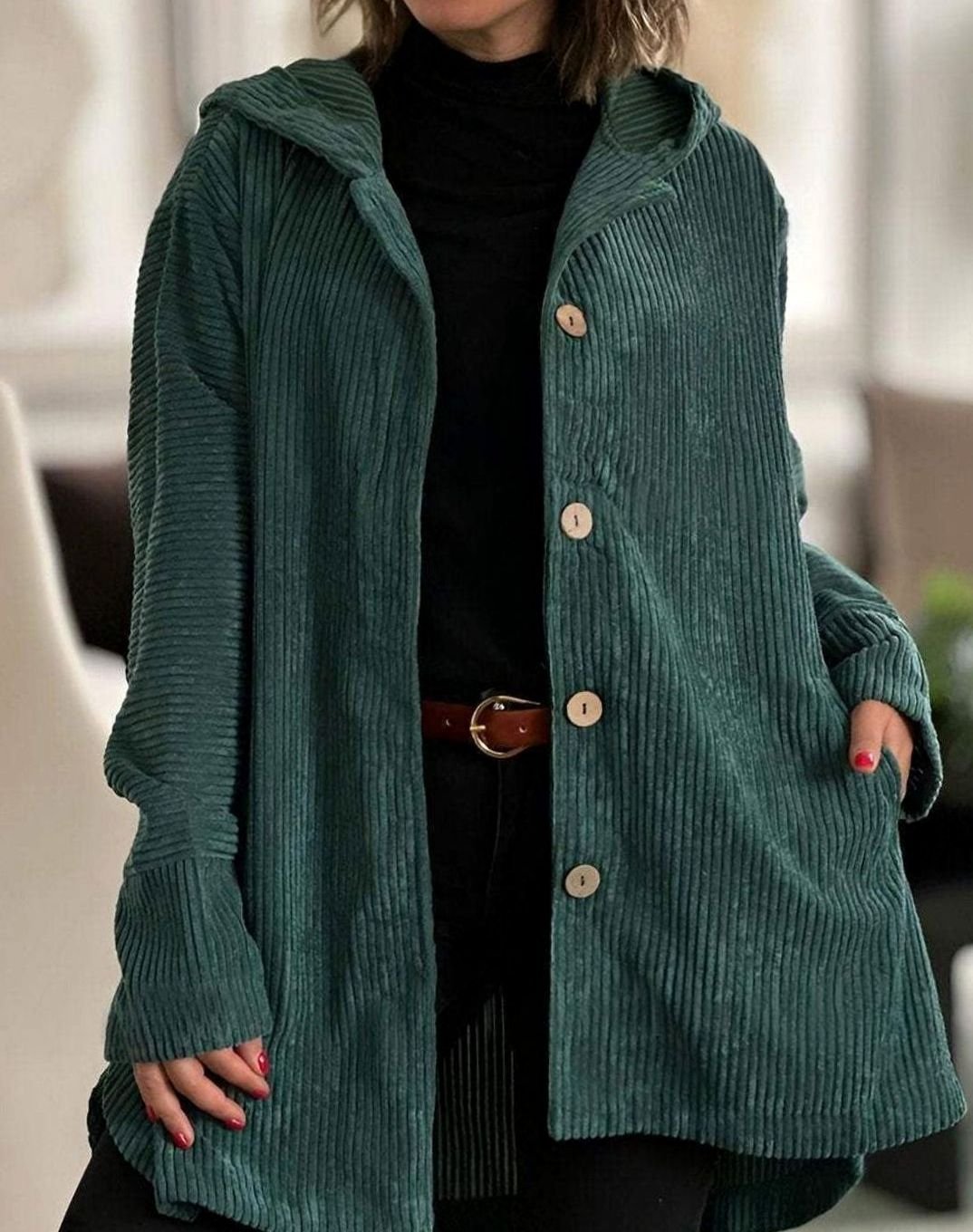 Women's Hooded Corduroy Button-Front Long Cardigan - Green