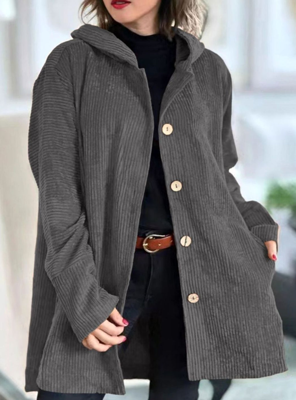 Women's Hooded Corduroy Button-Front Long Cardigan - Gray