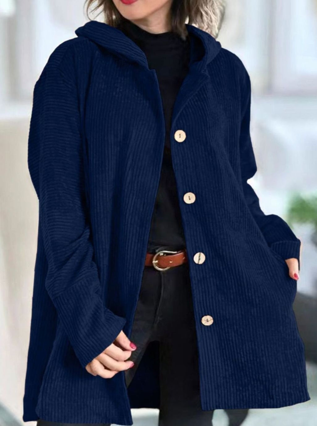 Women's Hooded Corduroy Button-Front Long Cardigan - Navy Blue