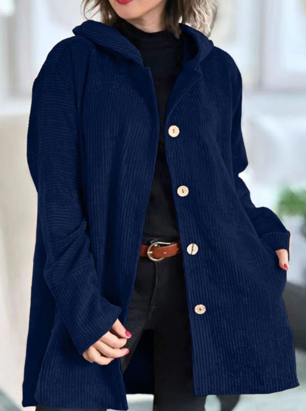 Women's Hooded Corduroy Button-Front Long Cardigan - Navy Blue