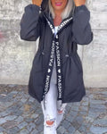 Women's Hooded Drawstring Relaxed-Fit Mid-Length Coat - Black