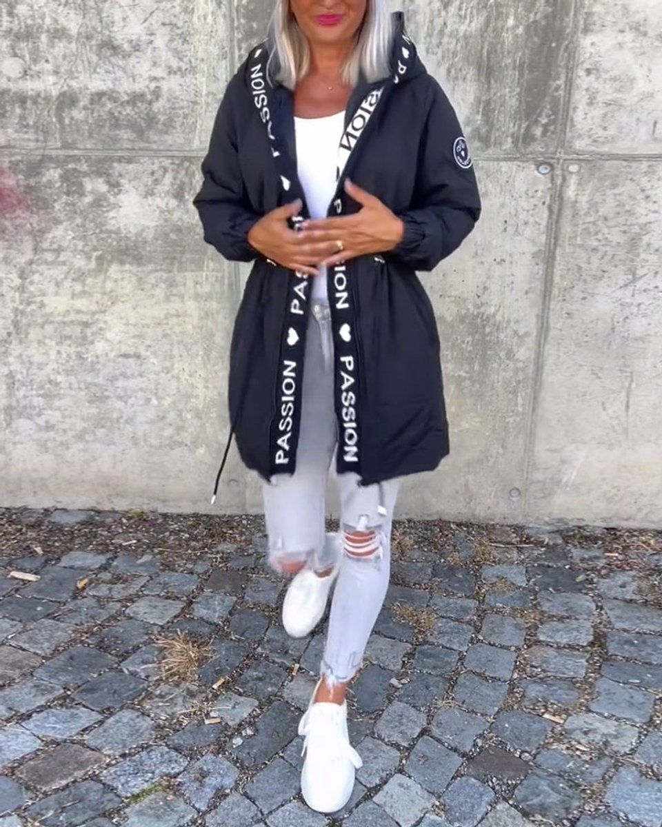 Women's Hooded Drawstring Relaxed-Fit Mid-Length Coat
