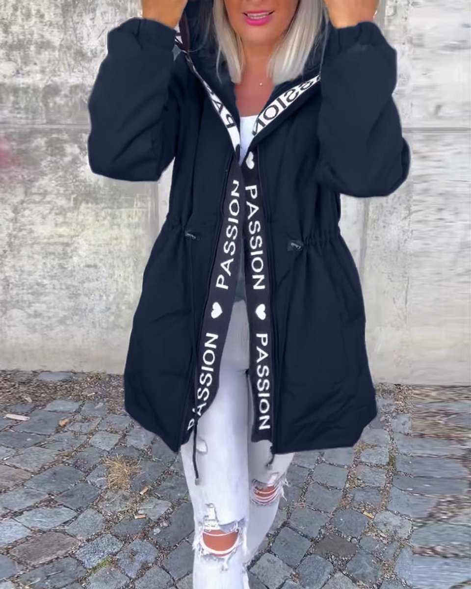 Women's Hooded Drawstring Relaxed-Fit Mid-Length Coat - Navy Blue