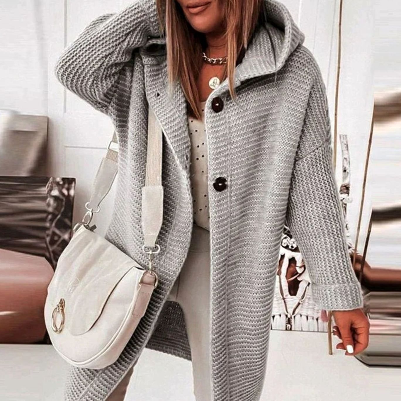 Women's Hooded Knit Relaxed-Fit Cardigan Jacket - Gray
