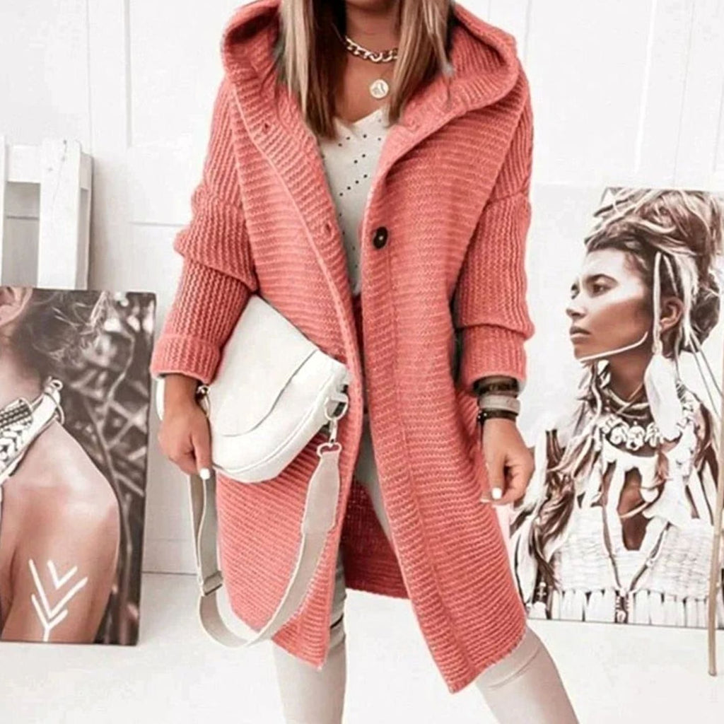 Women's Hooded Knit Relaxed-Fit Cardigan Jacket - Red